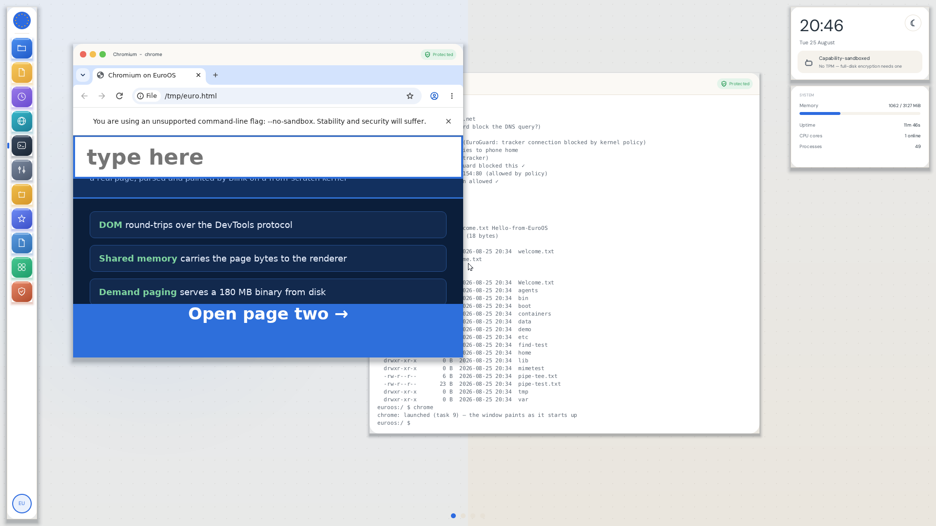 The EuroOS desktop with Chromium running in a window next to the Terminal that launched it, with the dock and system panel visible
