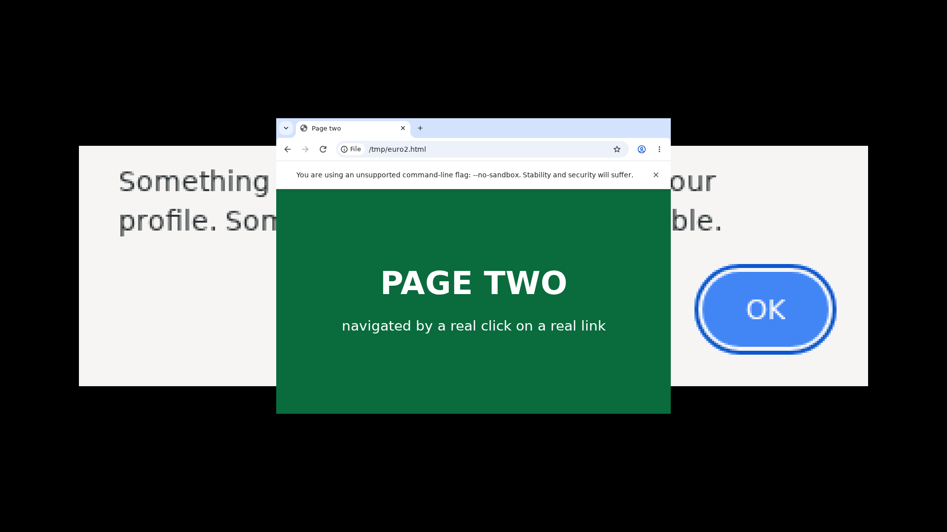 Chromium on EuroOS after clicking a link: the tab title, address bar and page content have all changed to page two