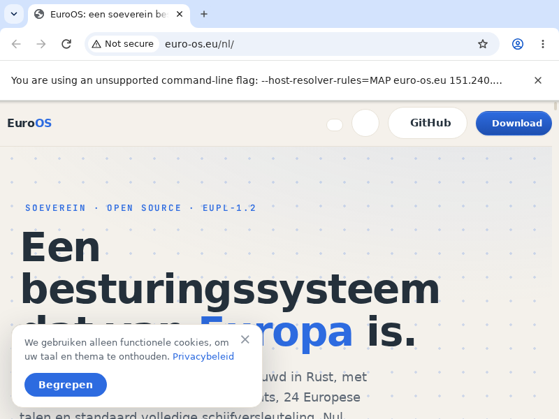 Chromium on EuroOS showing euro-os.eu/nl/ fully rendered: the EuroOS site header, the Dutch hero title and the cookie banner