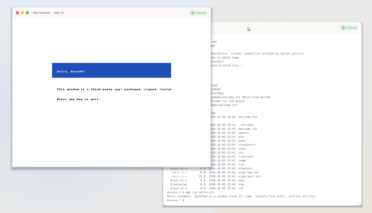 The EuroOS desktop with a framed window titled Hello (window) - hello-x11 showing a blue panel and text, next to the Terminal where it was started with app run hello-x11
