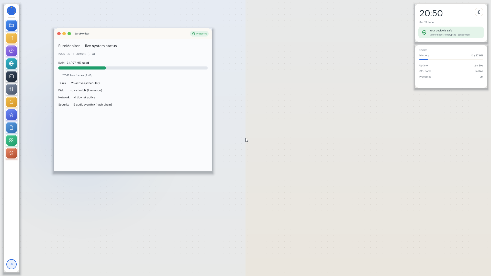 EuroOS desktop — the live EuroMonitor system-status app on the EDS theme, with an 11-app dock