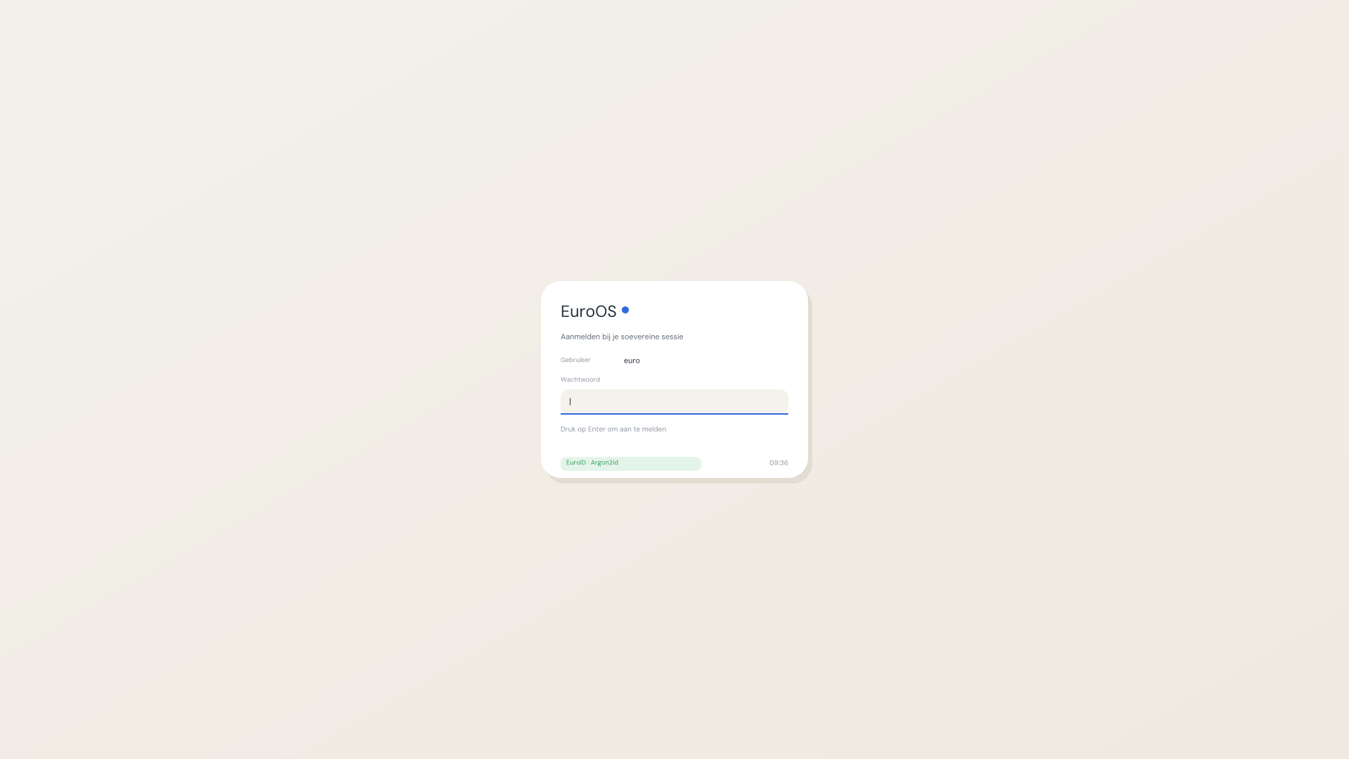 EuroOS GUI lockscreen — a centered login card with a masked password field and an EuroID · Argon2id badge